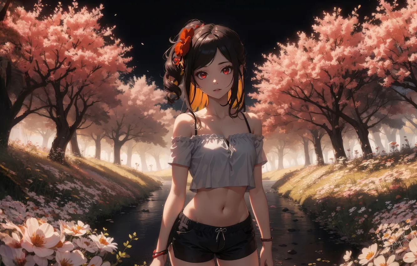 Photo wallpaper girl, flowers, spring, anime