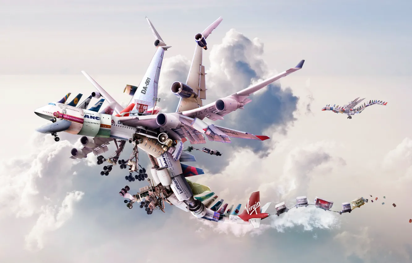 Photo wallpaper clouds, rendering, dragons, technology, flight, aircraft, engines, types