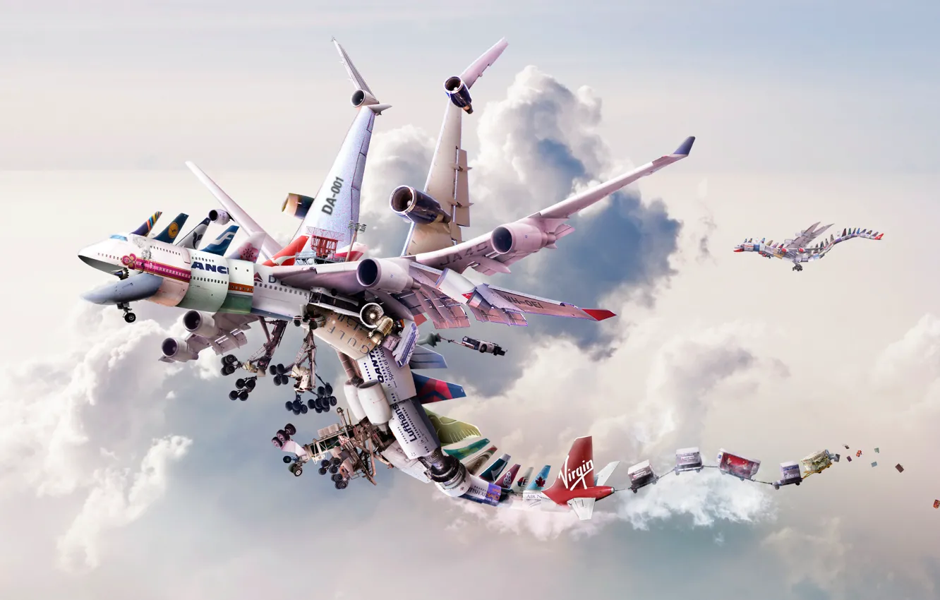 Photo wallpaper clouds, flight, rendering, engine, dragon, view, technology, the plane
