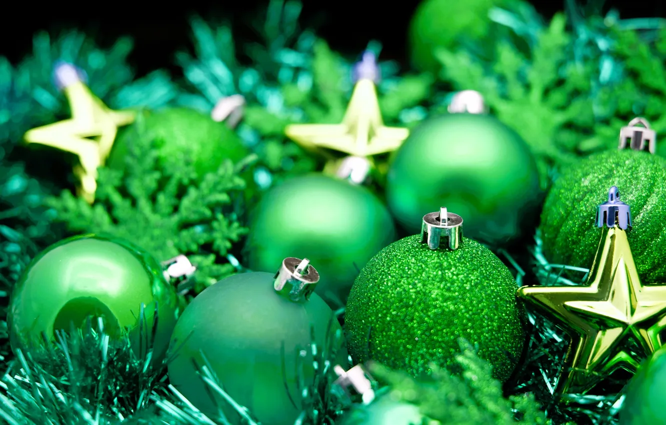 Photo wallpaper balls, decoration, snowflakes, green, tinsel, stars, Christmas decorations