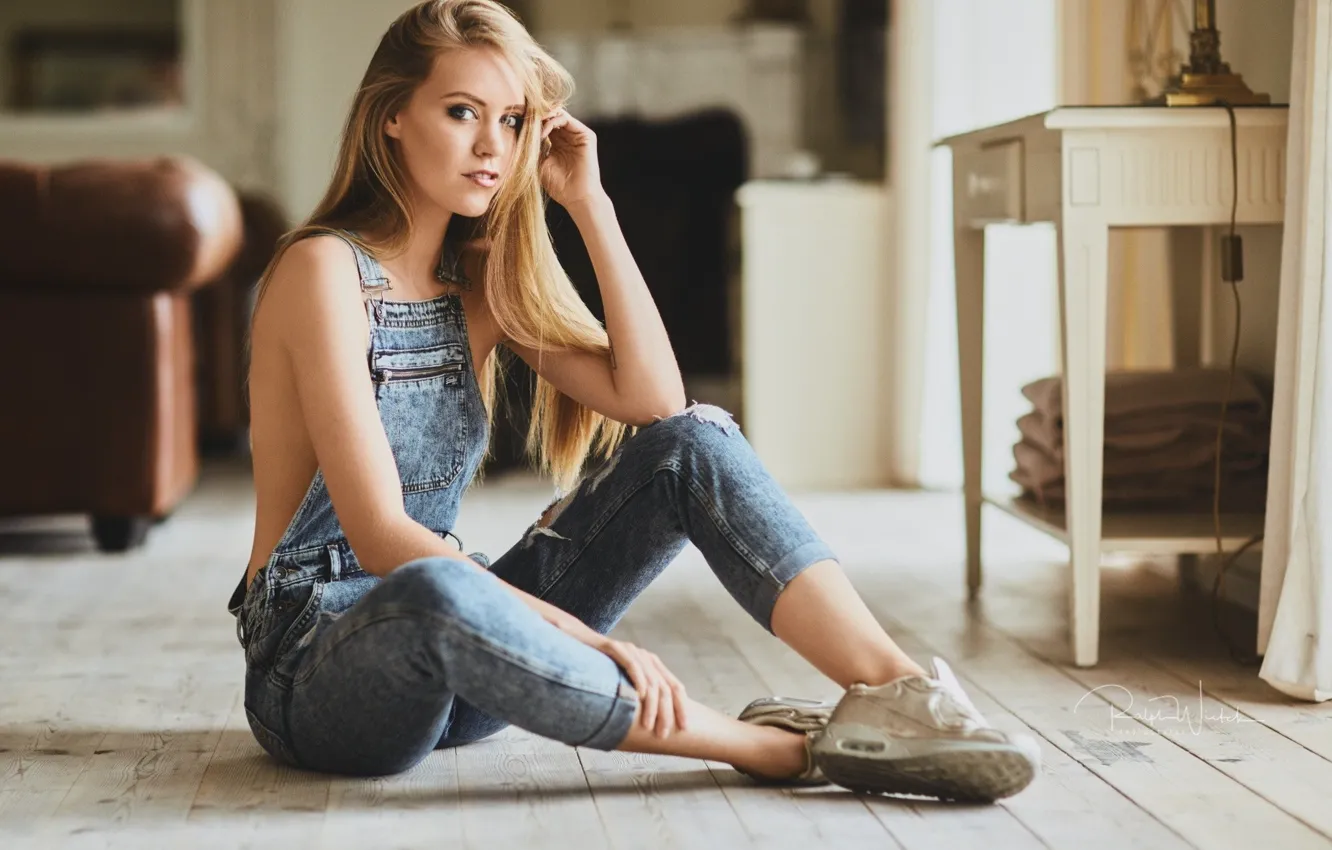 Photo wallpaper girl, Denim, cute, Jumpsuit