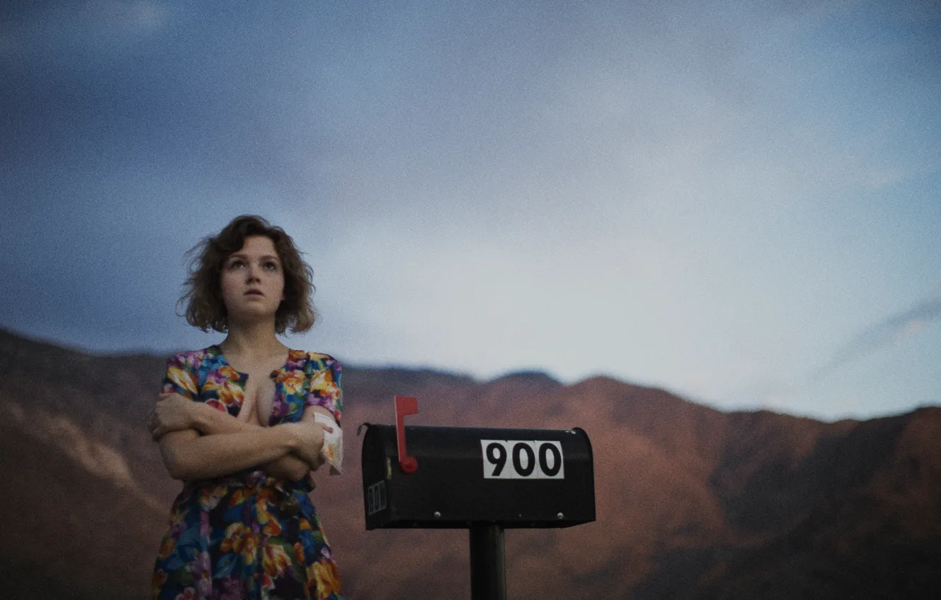 Photo wallpaper girl, sky, eyes, hill, lips, hair, breasts, mail