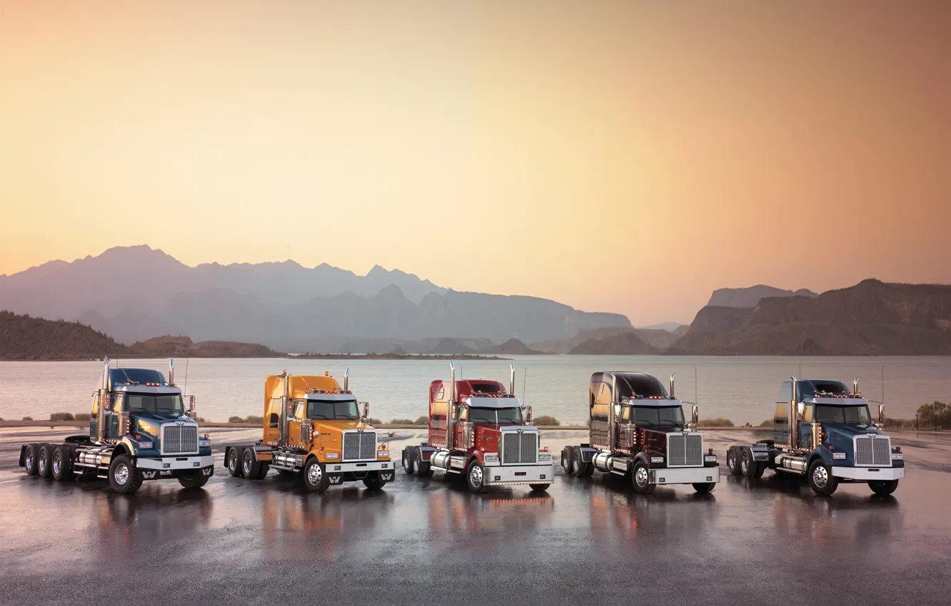 Photo wallpaper Water, Mountains, Trucks