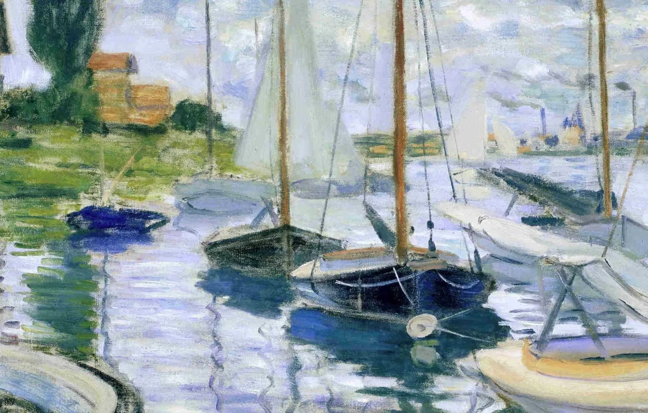 Photo wallpaper landscape, house, river, boat, picture, sail, Claude Monet