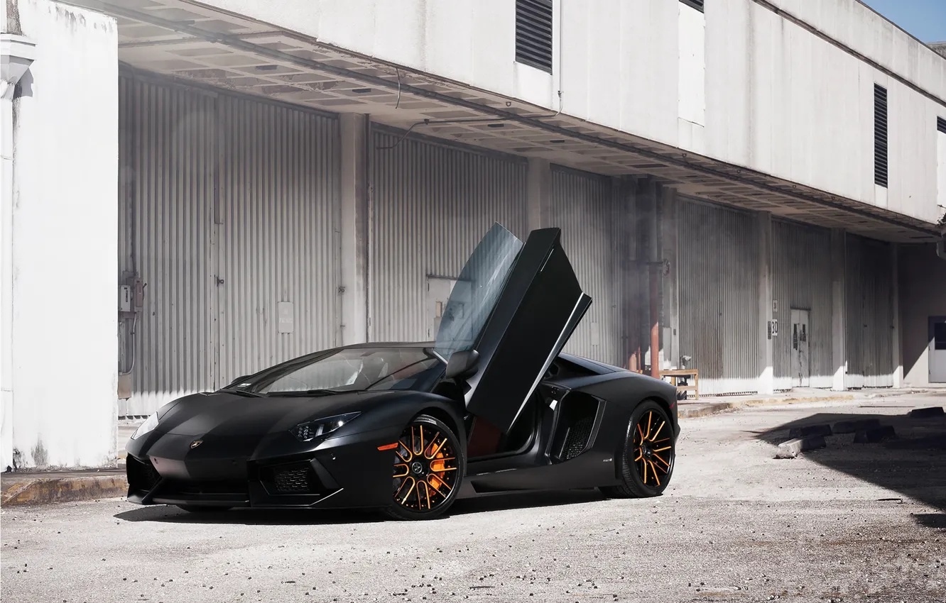 Photo wallpaper black, the building, lamborghini, black, front view, aventador, lp700-4, Lamborghini