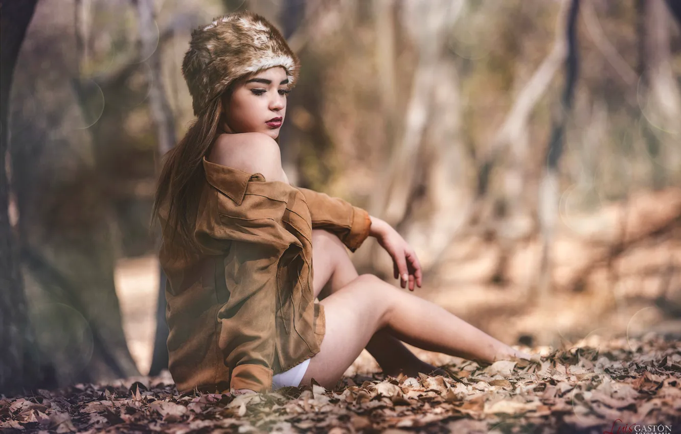 Photo wallpaper autumn, leaves, girl, trees, pose, glare, Park, hat