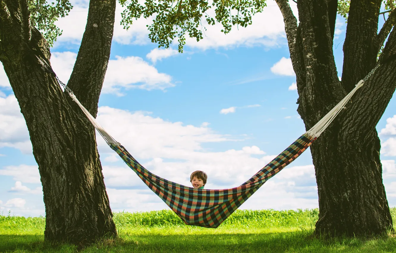Photo wallpaper summer, trees, children, stay, laughter, boy, hammock
