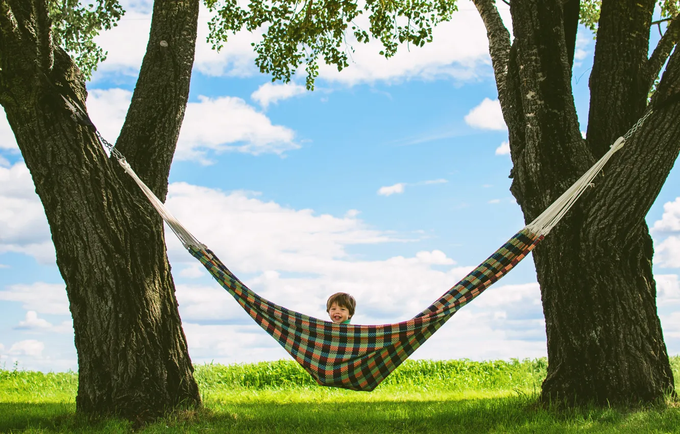 Photo wallpaper summer, trees, stay, child, laughter, boy, hammock
