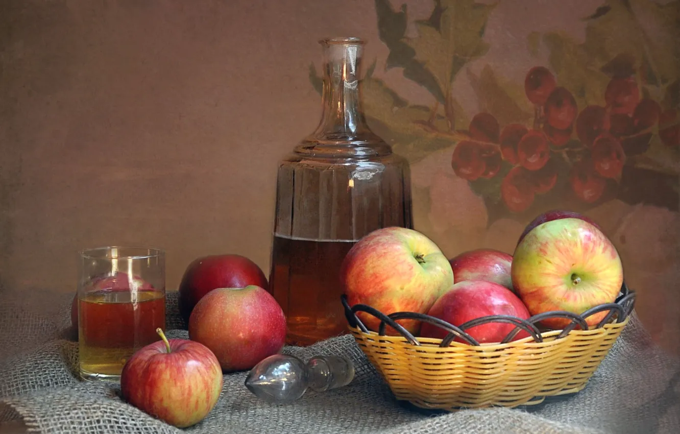 Photo wallpaper still life, decanter, juice, still life, apples