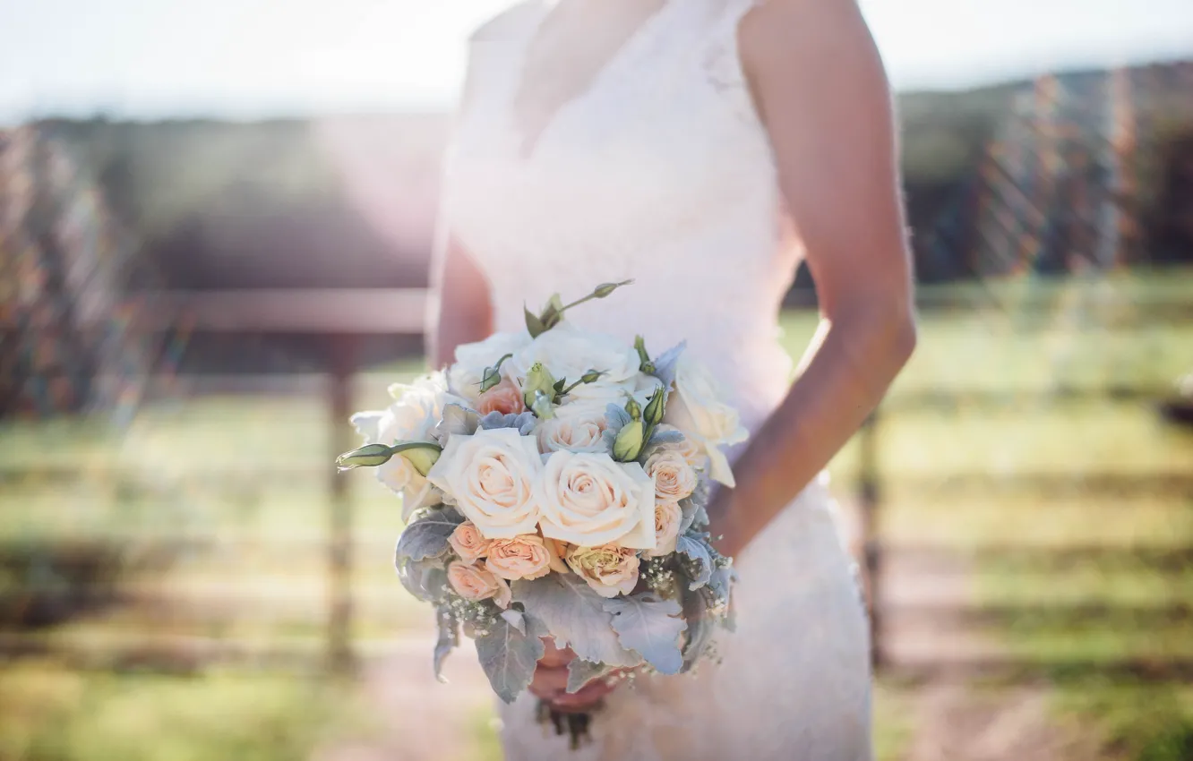 Photo wallpaper flowers, roses, bouquet, dress, the bride