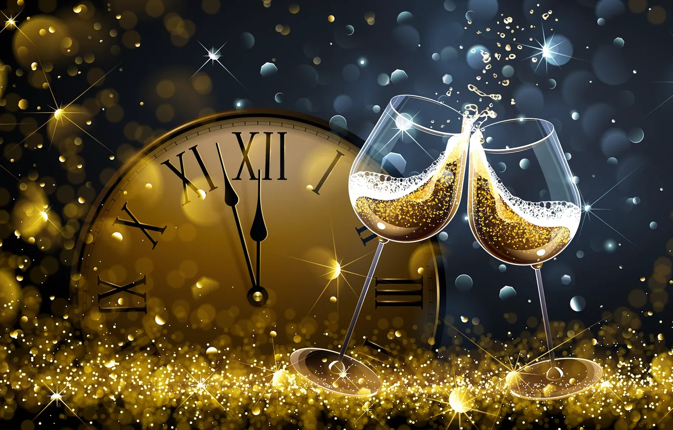 Photo wallpaper watch, glass, new year, champagne, bokeh, 2018, New Year, Happy