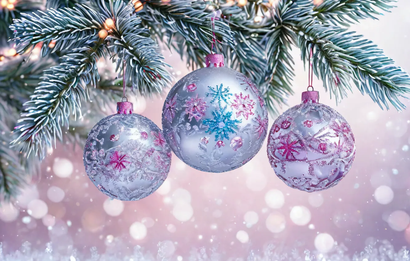 Photo wallpaper snow, tree, new year, Christmas decorations