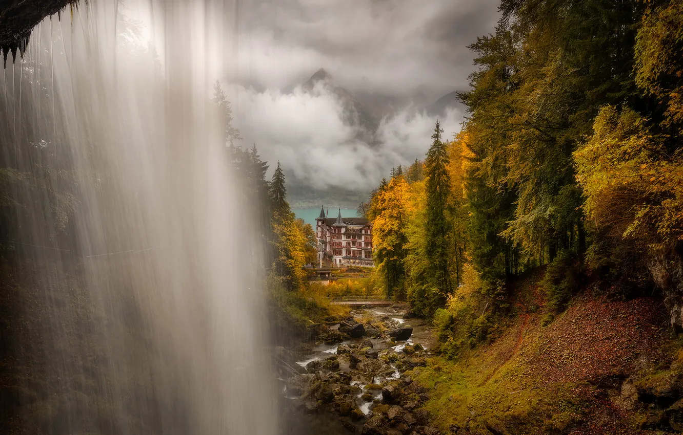 Photo wallpaper autumn, forest, trees, clouds, stream, stones, castle, shore