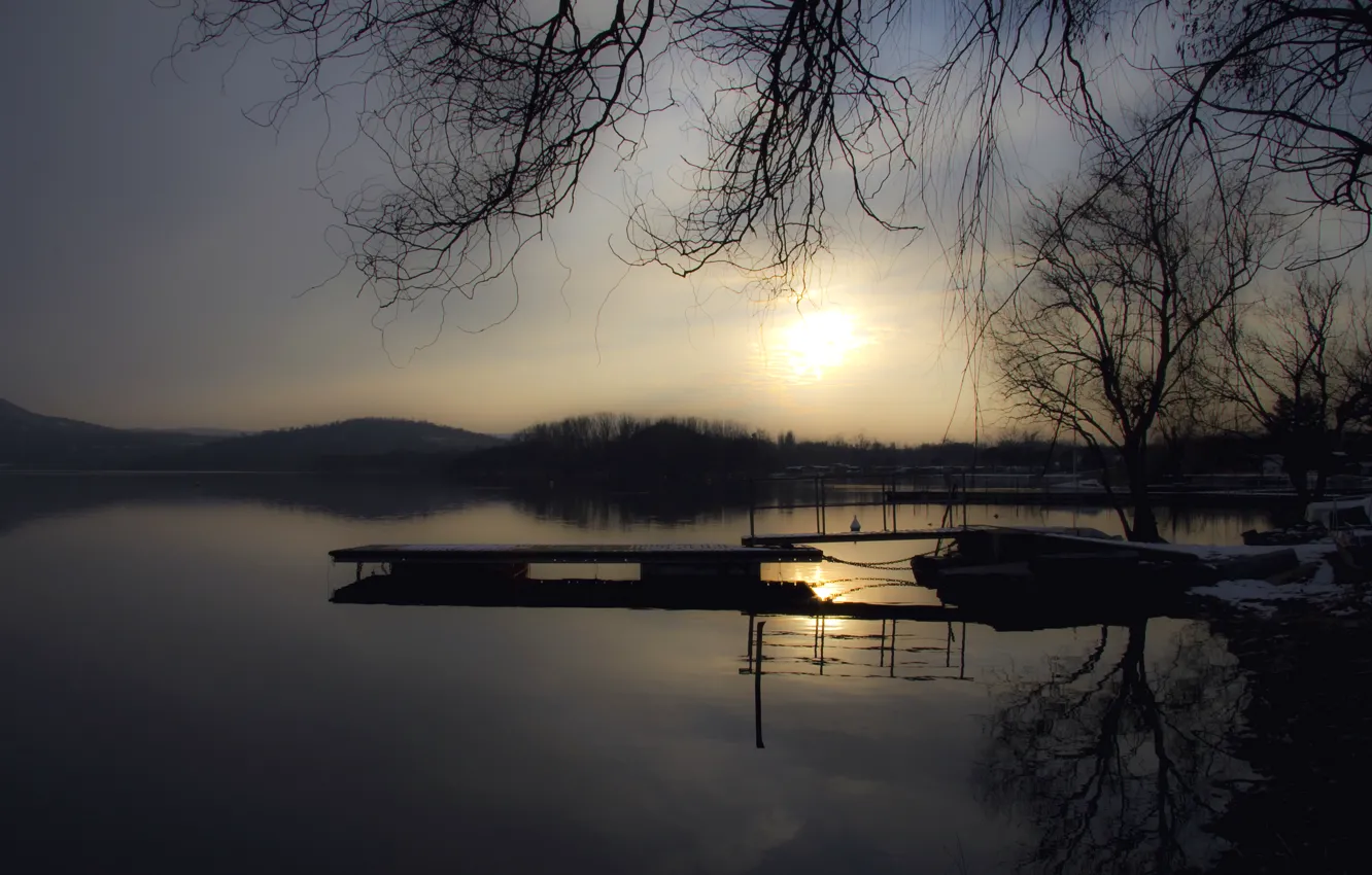 Photo wallpaper winter, water, the sun, snow, trees, lake, surface, reflection