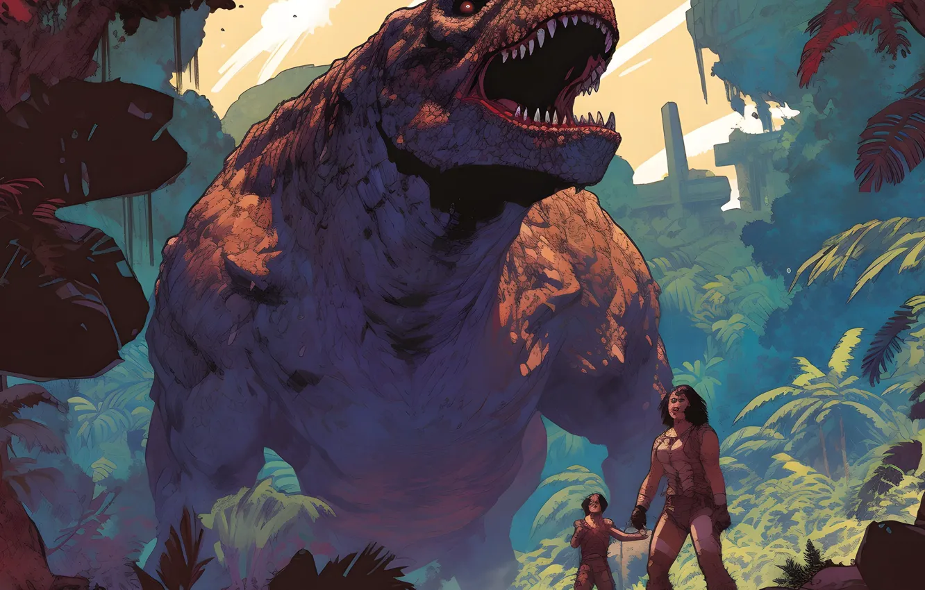 Photo wallpaper palm trees, animal, people, dinosaur, teeth, jungle, mouth, digital art