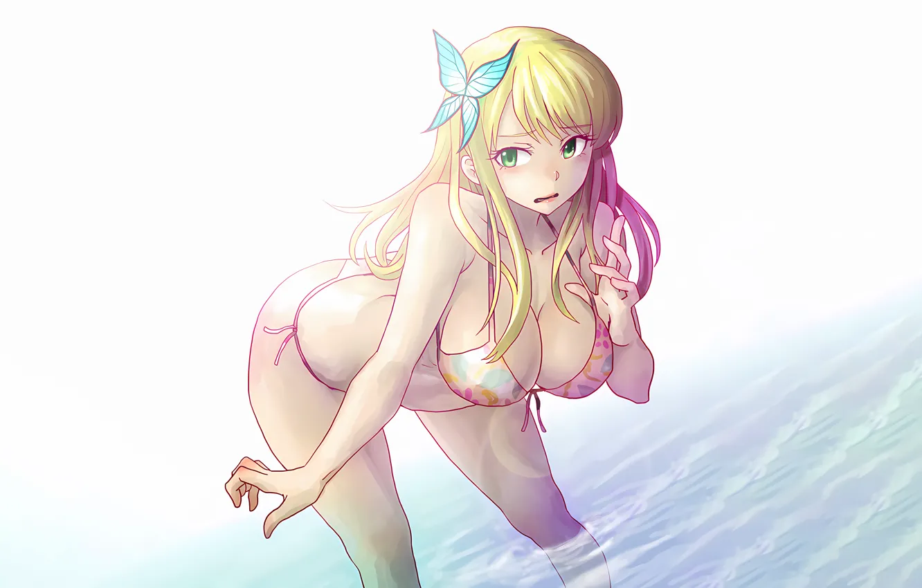 Photo wallpaper girl, sexy, cleavage, green eyes, long hair, legs, sea, boobs