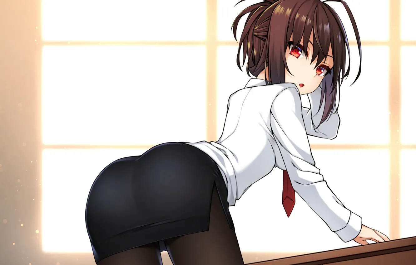Photo wallpaper girl, sexy, ass, blouse, brown hair, anime, beautiful, red eyes