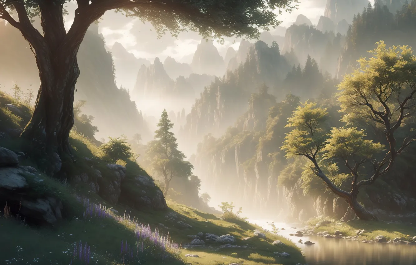 Photo wallpaper grass, river, landscape, nature, art, tree, digital art, fantasy art