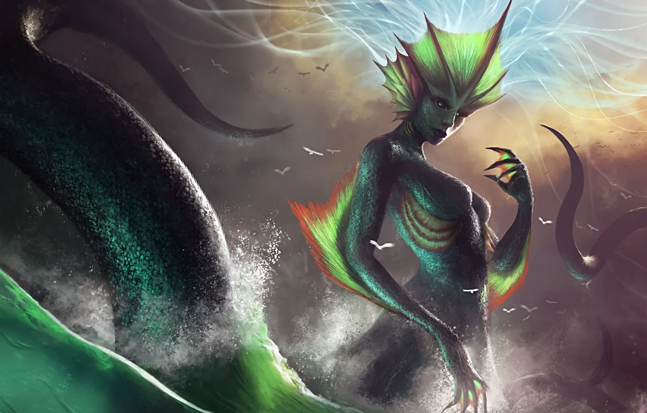 Photo wallpaper sea, wave, girl, squirt, monster, scales, art, tail