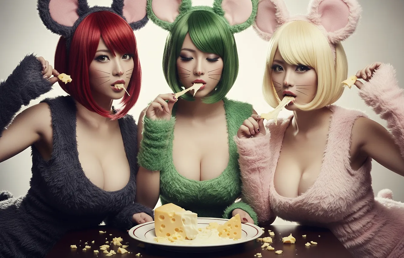 Photo wallpaper cleavage, redhead, blonde, asian, cheese, green hair, mouse ears, AI Art
