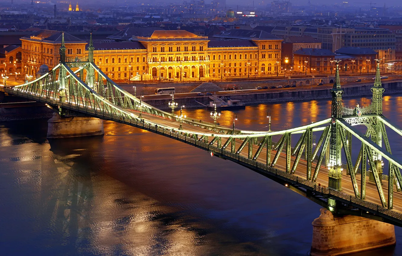 Photo wallpaper road, river, the building, lighting, backlight, lights, Hungary, Hungary