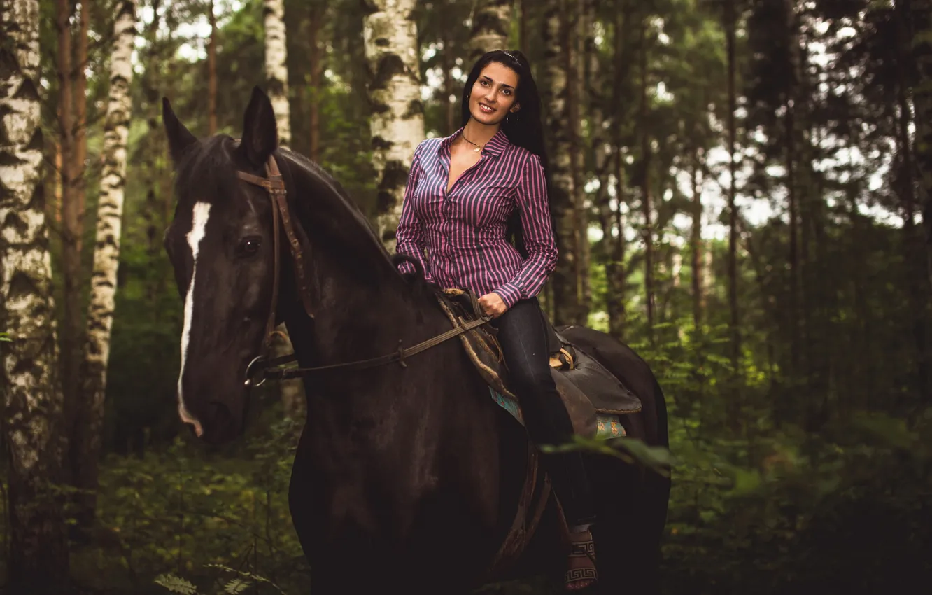 Photo wallpaper forest, girl, horse
