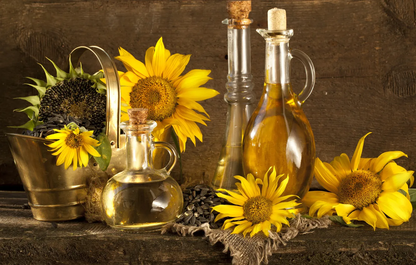 Photo wallpaper sunflowers, table, oil, seeds, decanter, bucket, bottles