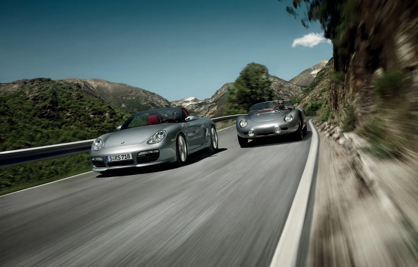 Photo wallpaper the sky, speed, Porsche, mountain road, old and new