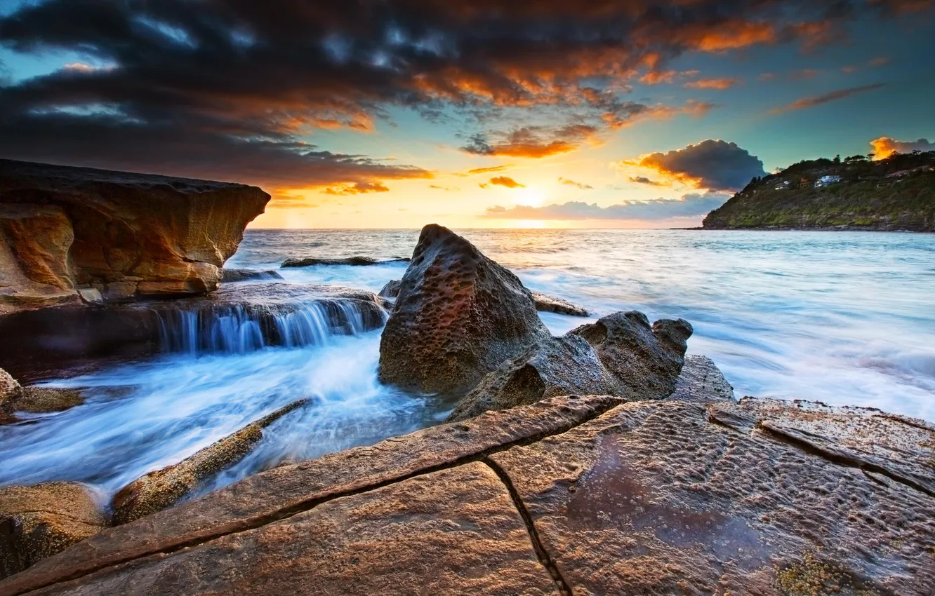 Photo wallpaper landscape, sunset, the ocean, rocks, shore