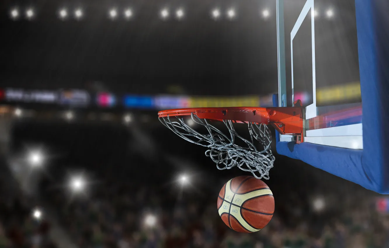 Photo wallpaper lights, basket, the game, the ball, basketball, bokeh