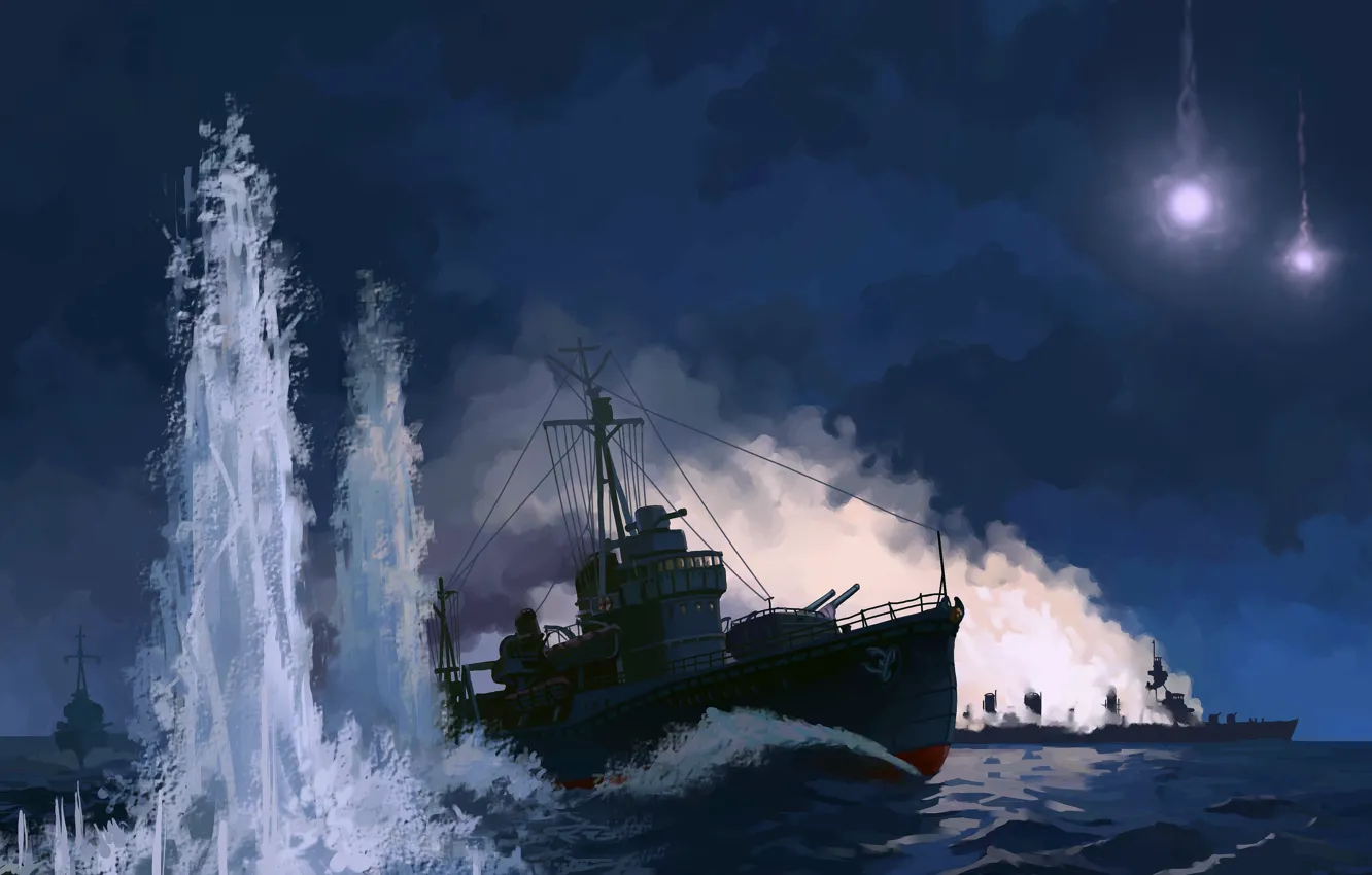 Photo wallpaper sea, night, lights, figure, explosions, ships, missiles, art