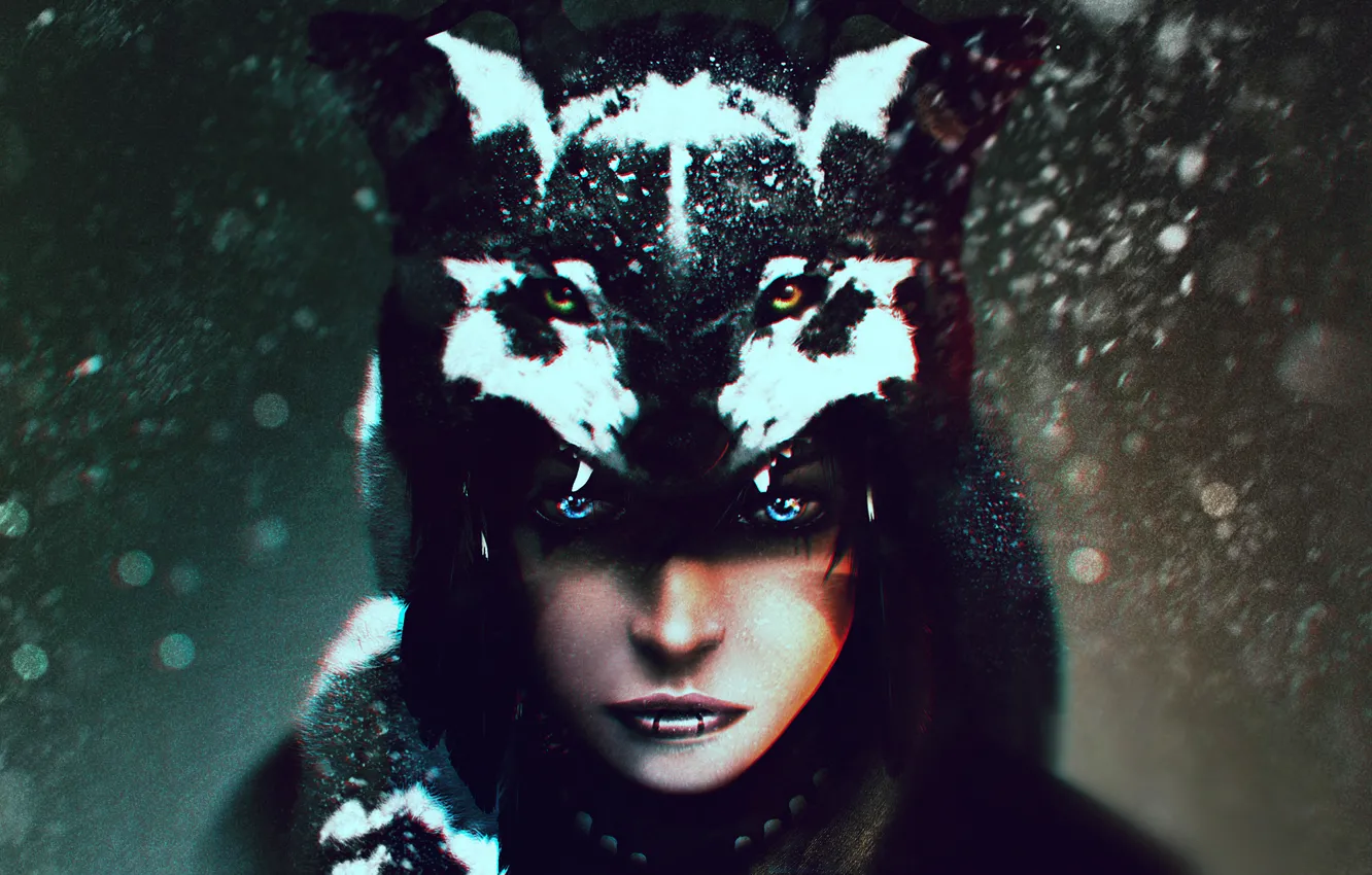 Photo wallpaper look, girl, wolf, art, shaman