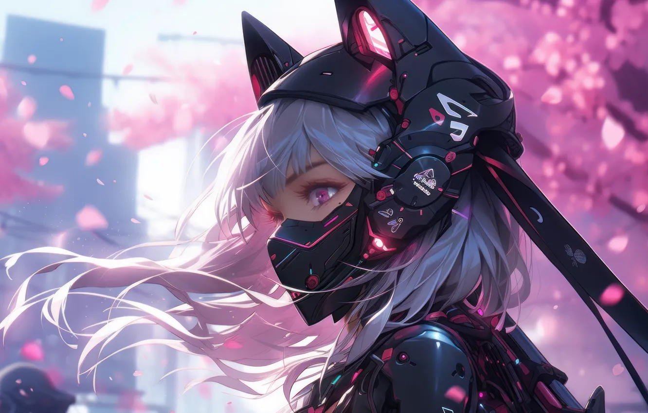 Photo wallpaper eyes, girl, the wind, hair, anime, Sakura, helmet, cyberpunk