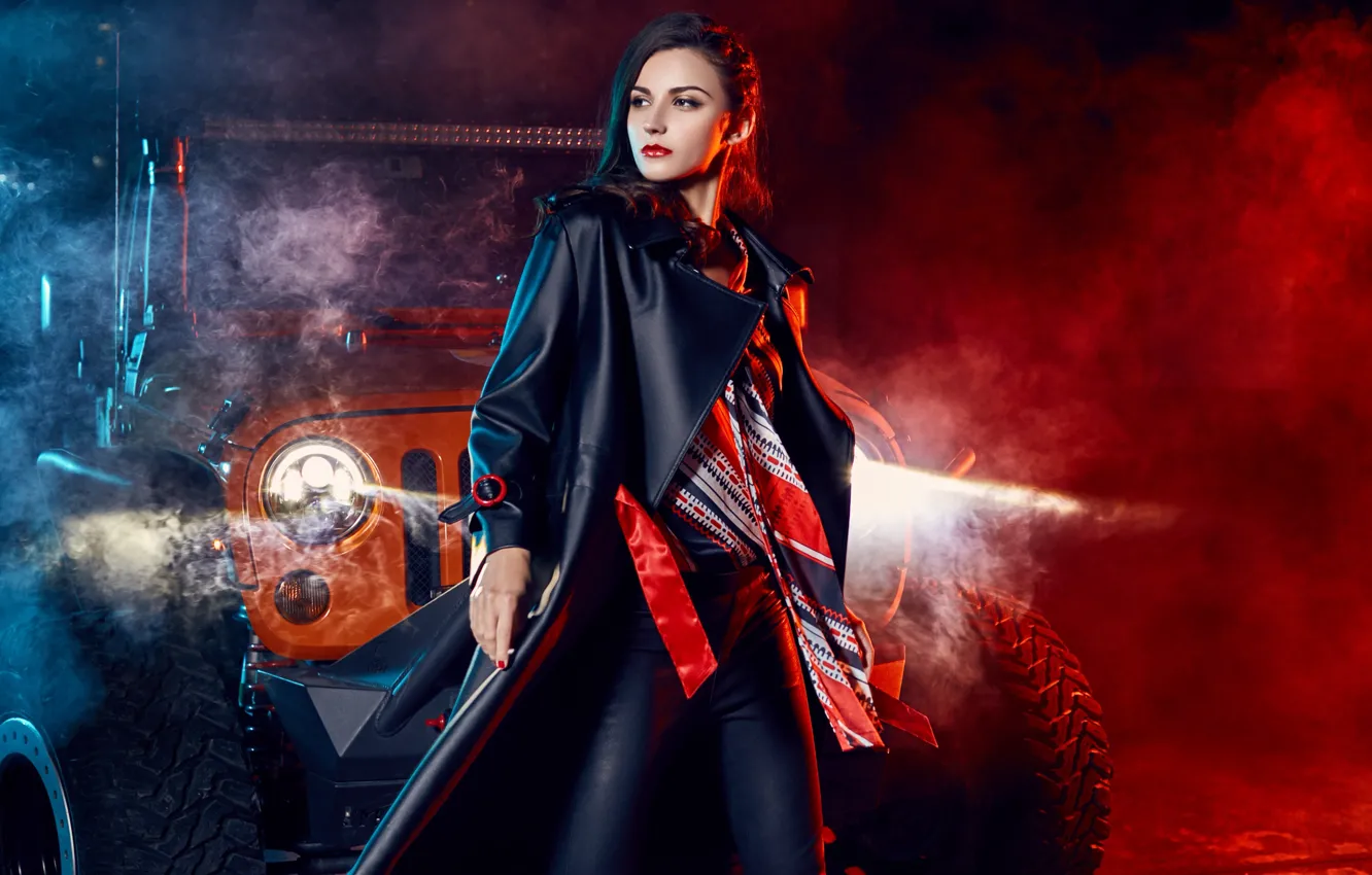 Photo wallpaper auto, look, girl, beautiful girl, Jeep, posing on the car