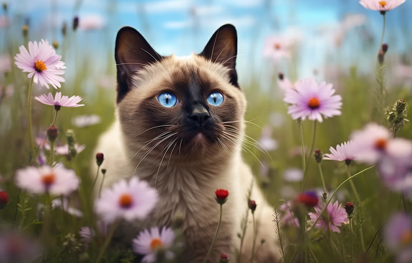 Photo wallpaper cat, cat, look, flowers, nature, pose, glade, face
