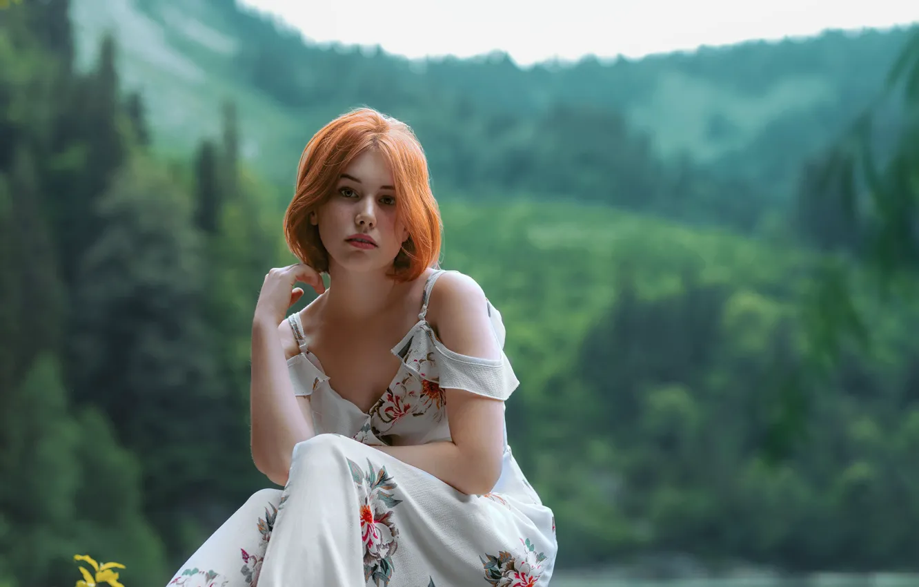 Photo wallpaper summer, girl, nature, pose, dress, red, shoulders, Yuri Zakharov
