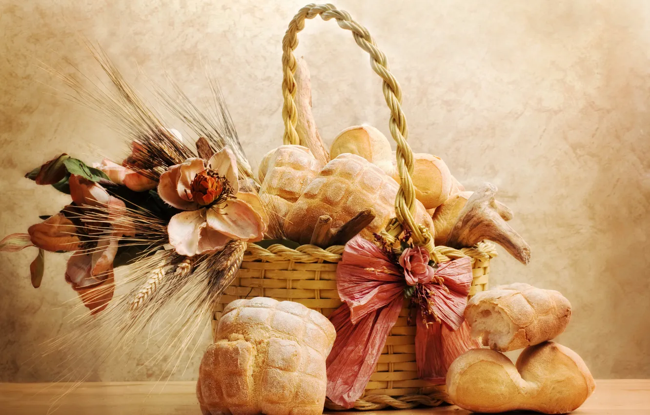Photo wallpaper flowers, basket, bread, still life