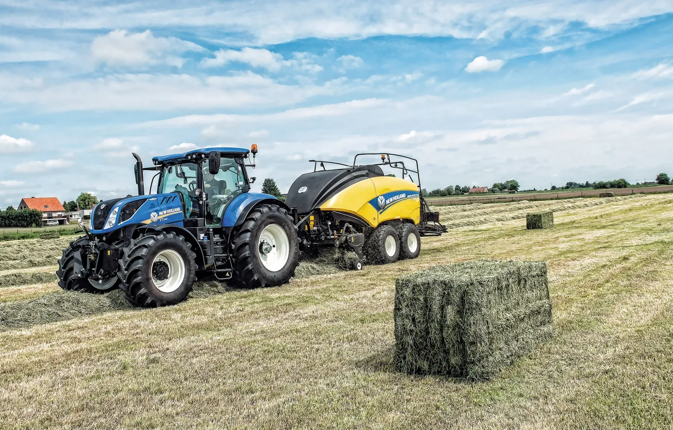 Photo wallpaper field, the sky, work, tractor, cabin, wheel, agricultural machinery, New Holland