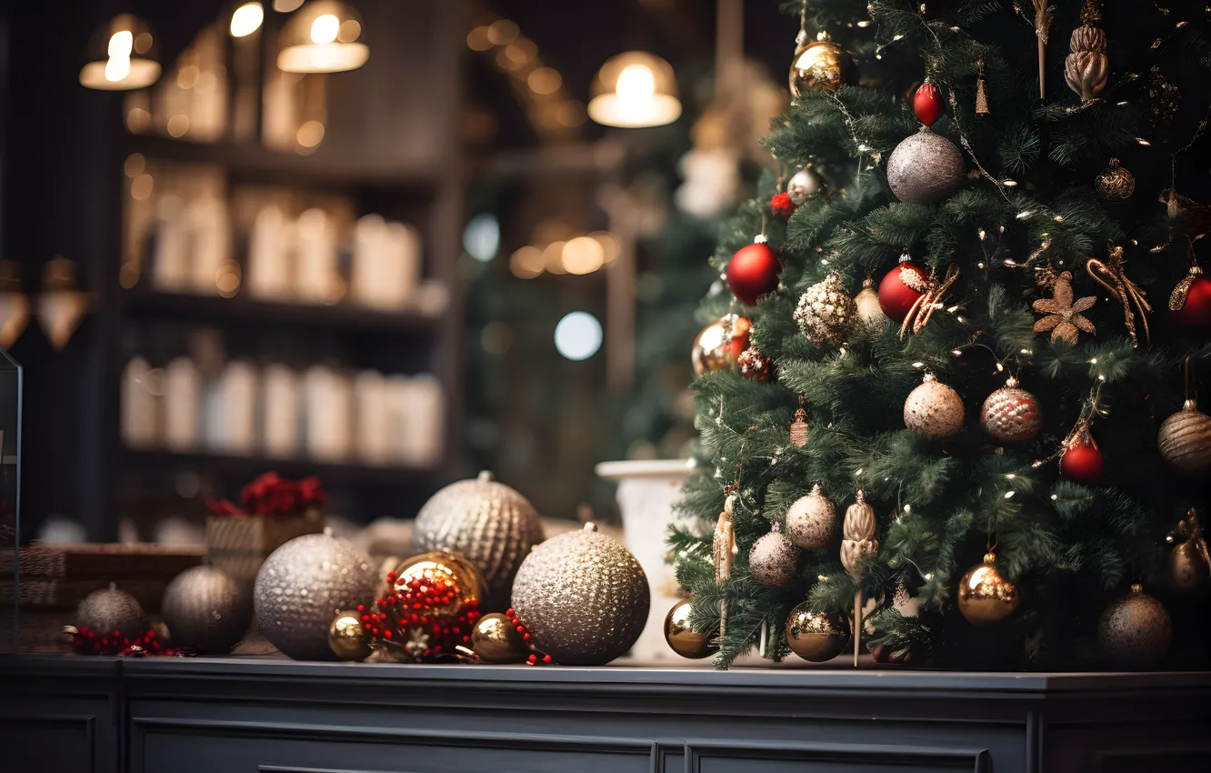 Photo wallpaper balls, light, red, lights, table, balls, lamp, tree