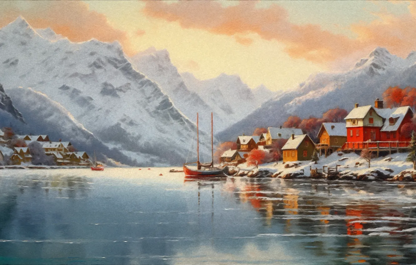 Photo wallpaper landscape, mountains, the city, home, art