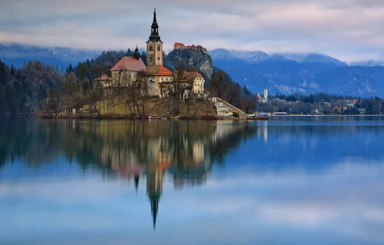 Photo wallpaper landscape, mountains, nature, lake, reflection, home, Church, island