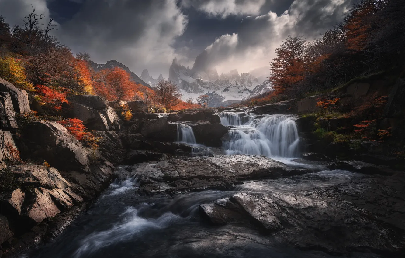 Photo wallpaper clouds, mountains, river, cascade, River of the Waterfall, Politova Anna, Picturesque Landscape