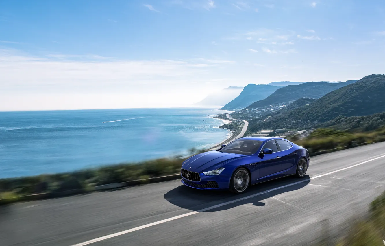 Photo wallpaper Maserati, Sea, Blue, Machine, Car, Landscape, Coast, Render