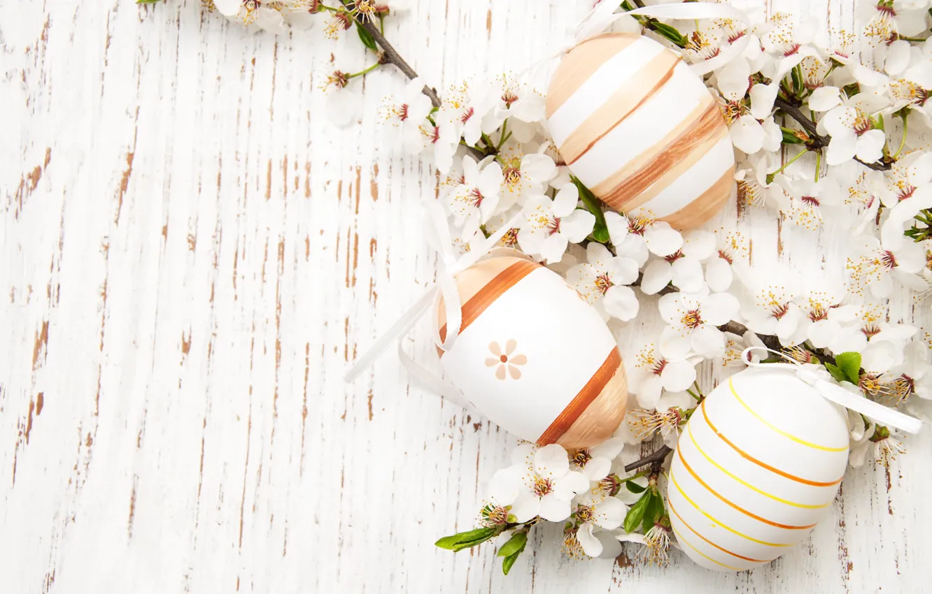 Photo wallpaper flowers, eggs, spring, colorful, Easter, happy, wood, blossom