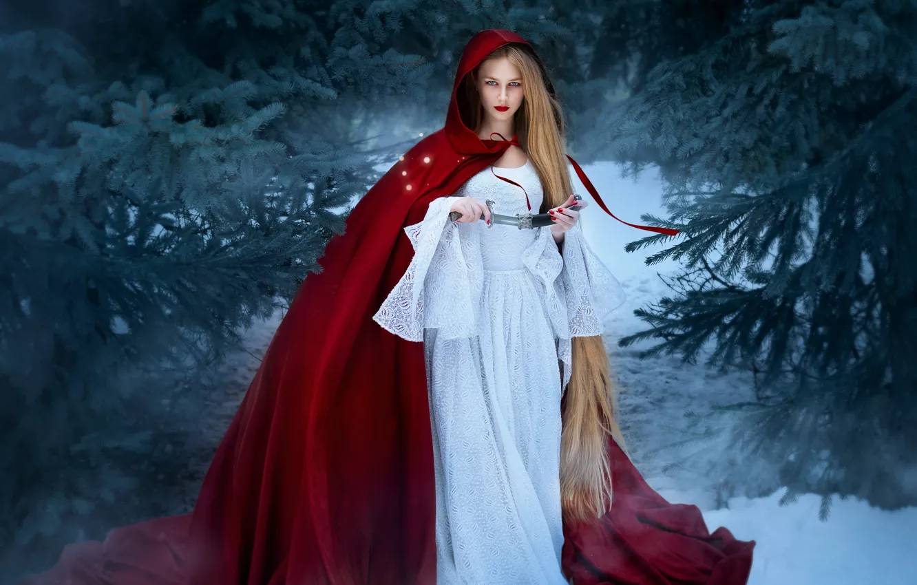 Photo wallpaper winter, forest, girl, snow, branches, apples, makeup, ate