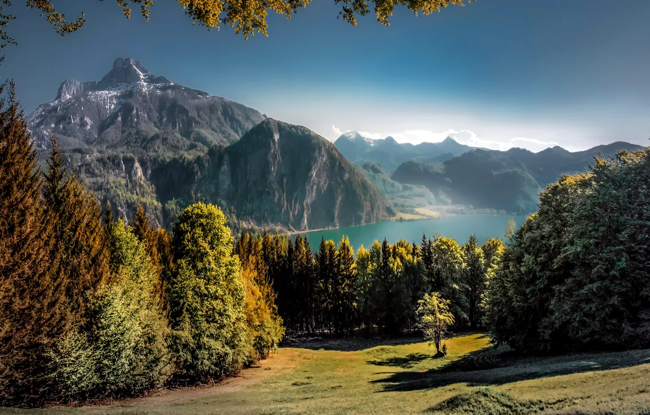Photo wallpaper autumn, trees, mountains, lake, beauty, Austria