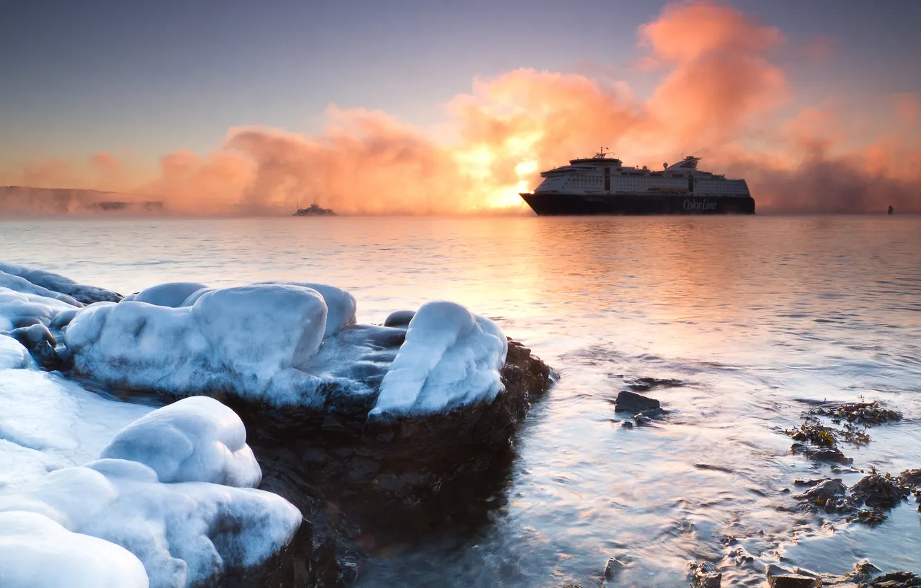Photo wallpaper sea, the sky, stones, ship, ship
