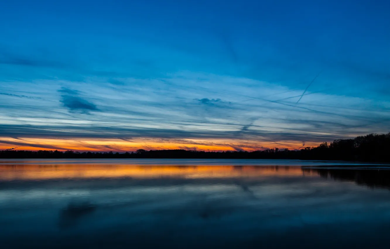 Photo wallpaper forest, the sky, clouds, lake, glow