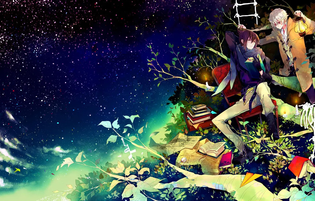 Photo wallpaper the sky, stars, clouds, trees, candles, lights, ladder, book