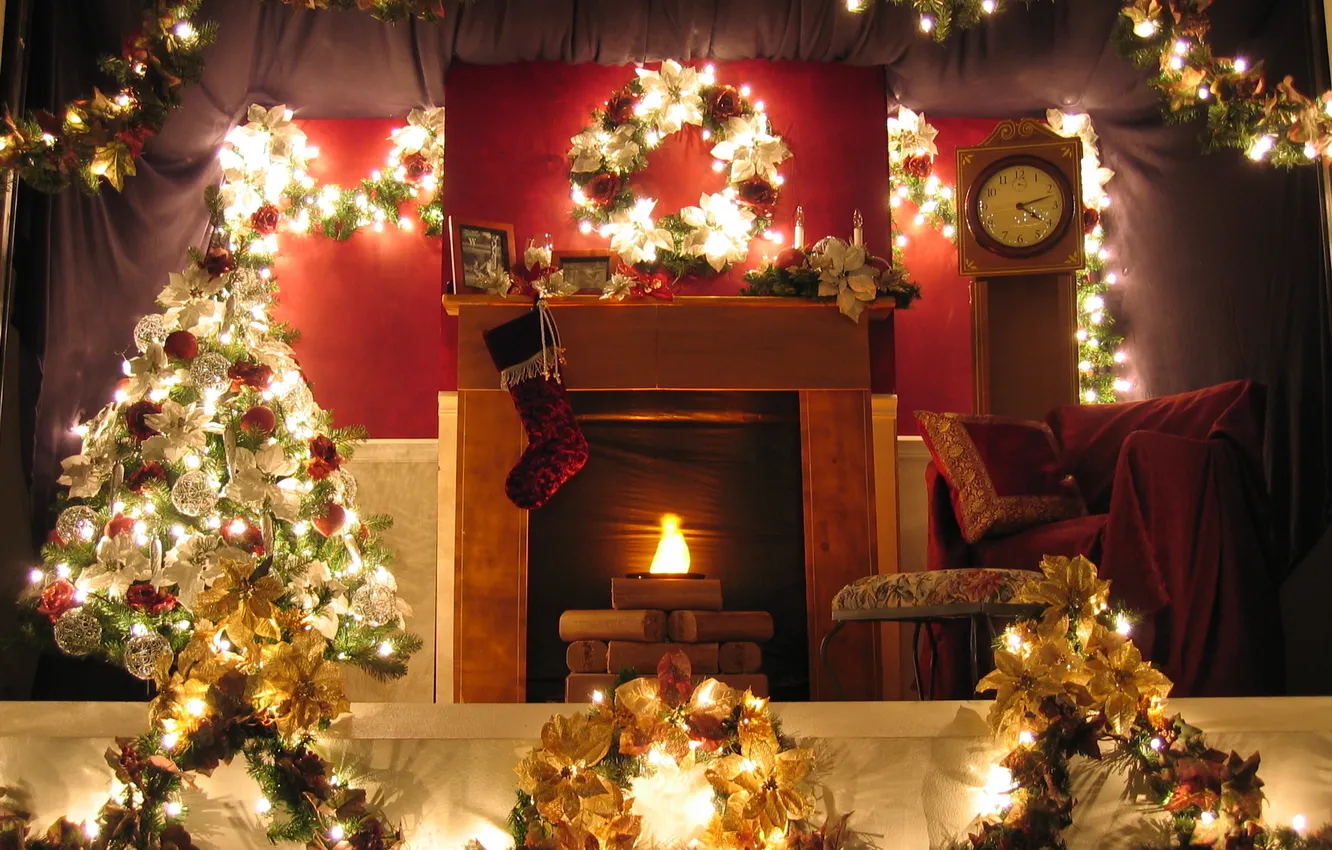 Photo wallpaper decoration, lights, room, holiday, tree, new year, fireplace